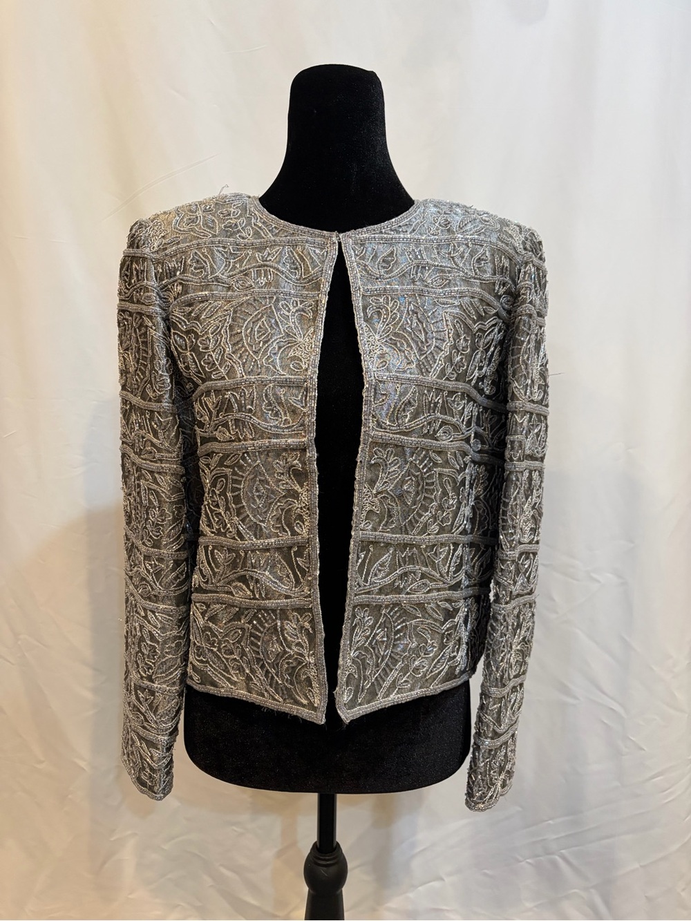 Adrianna Papéll Evening Silver Beaded Bolero Jacket w/ Shoulder Pads